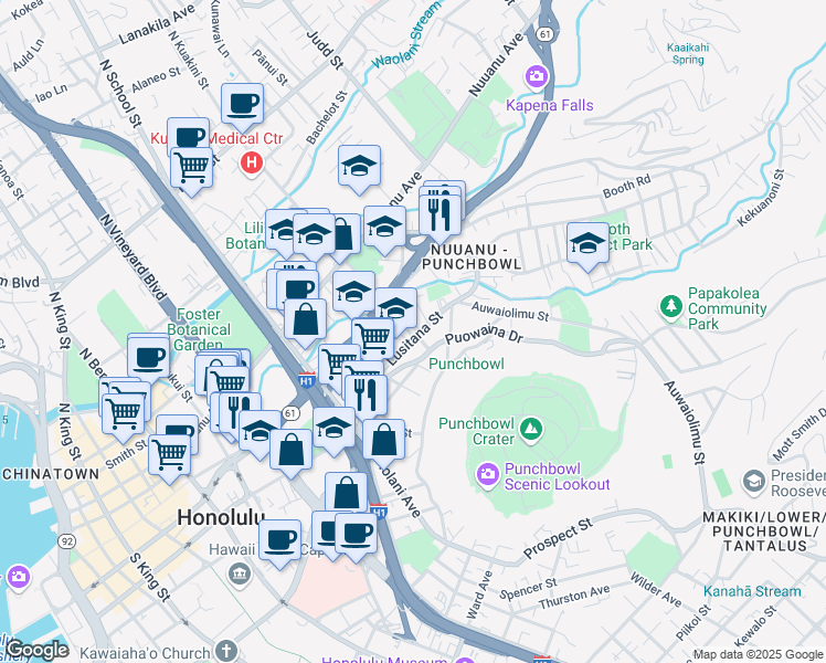 map of restaurants, bars, coffee shops, grocery stores, and more near 135 South Kuakini Street in Honolulu