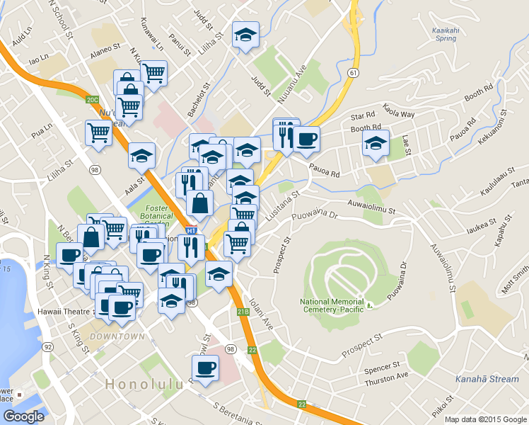 map of restaurants, bars, coffee shops, grocery stores, and more near 135 South Kuakini Street in Honolulu