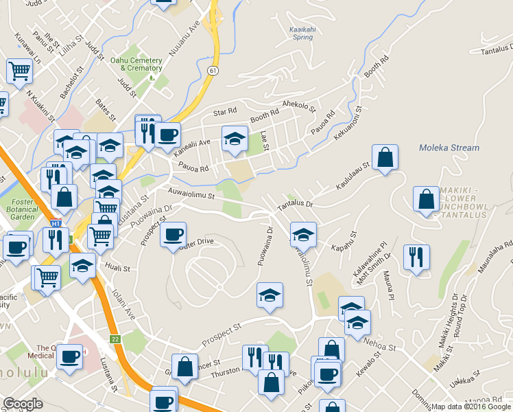 map of restaurants, bars, coffee shops, grocery stores, and more near 419 Auwaiolimu Street in Honolulu