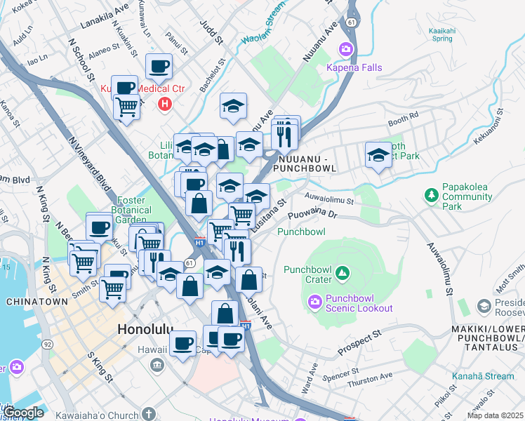 map of restaurants, bars, coffee shops, grocery stores, and more near 135 S Kuakini St in Honolulu