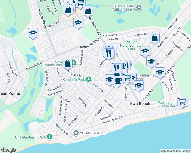 map of restaurants, bars, coffee shops, grocery stores, and more near 91-1009 Kaiikuwa Street in Ewa Beach