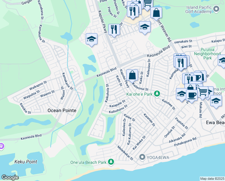 map of restaurants, bars, coffee shops, grocery stores, and more near 91-1070 Kekaiholo Street in Ewa Beach