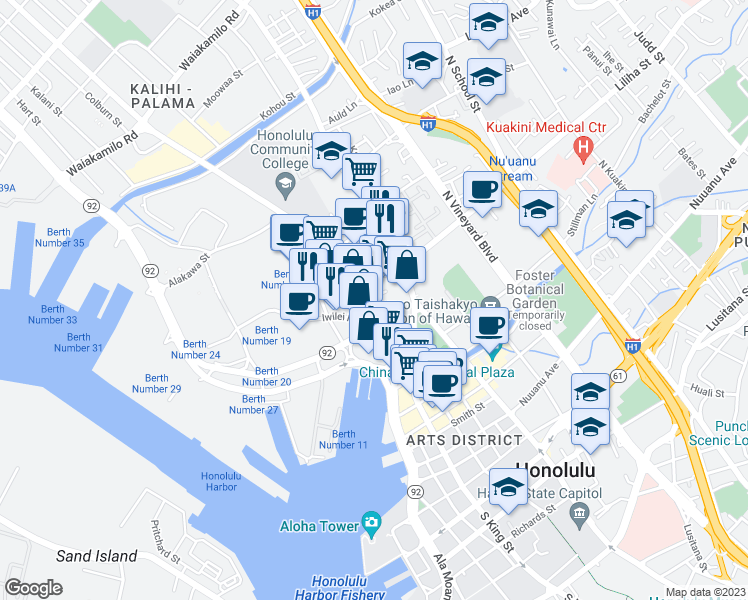 map of restaurants, bars, coffee shops, grocery stores, and more near 505 Kaaahi Street in Honolulu
