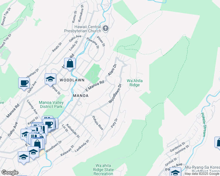 map of restaurants, bars, coffee shops, grocery stores, and more near 3498 Alani Drive in Honolulu
