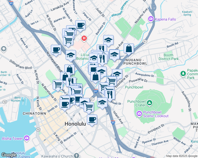 map of restaurants, bars, coffee shops, grocery stores, and more near 50 Hiʻaloa Street in Honolulu