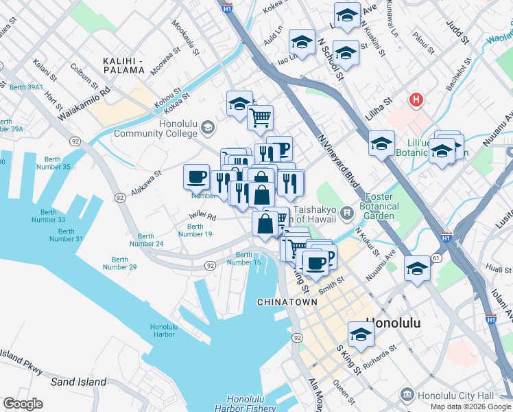 map of restaurants, bars, coffee shops, grocery stores, and more near 505 Kaaahi Street in Honolulu