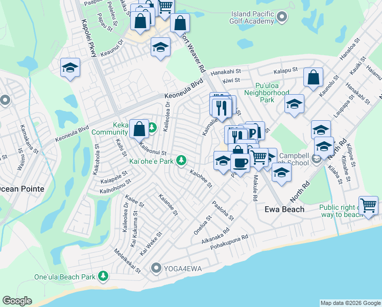 map of restaurants, bars, coffee shops, grocery stores, and more near 91-1100 Kaimalie Street in Ewa Beach