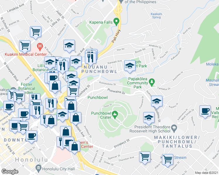 map of restaurants, bars, coffee shops, grocery stores, and more near 1936 Puowaina Drive in Honolulu