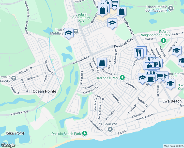 map of restaurants, bars, coffee shops, grocery stores, and more near 91-1046 Kekaiholo Street in Ewa Beach