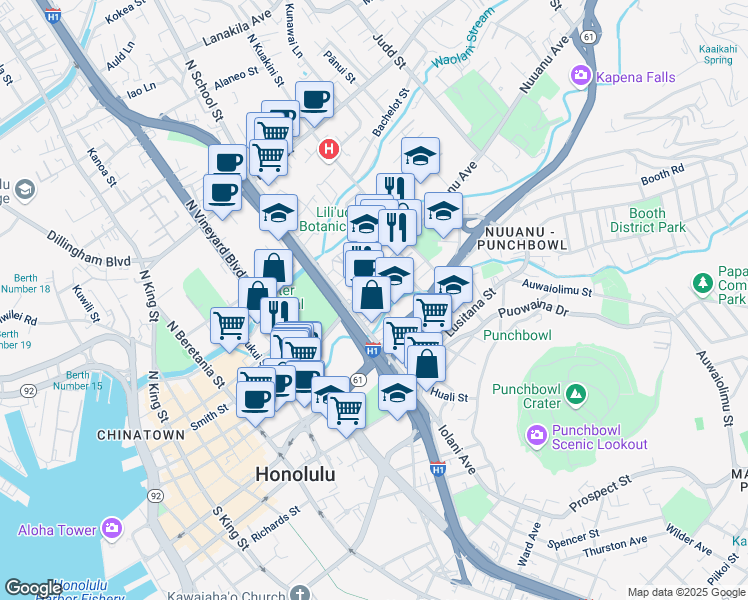 map of restaurants, bars, coffee shops, grocery stores, and more near 1631 Nuuanu Avenue in Honolulu