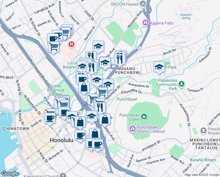 map of restaurants, bars, coffee shops, grocery stores, and more near 135 South Kuakini Street in Honolulu