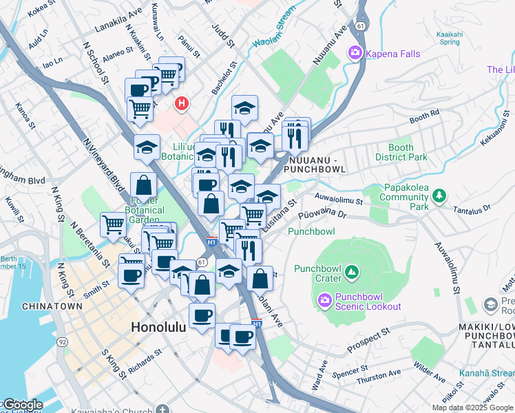 map of restaurants, bars, coffee shops, grocery stores, and more near 1741 Pali Highway in Honolulu