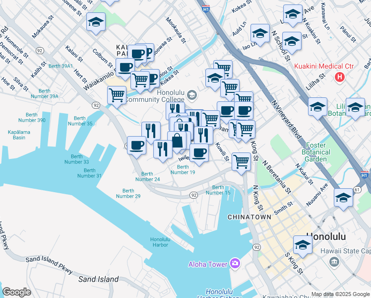 map of restaurants, bars, coffee shops, grocery stores, and more near 680 Iwilei Road in Honolulu