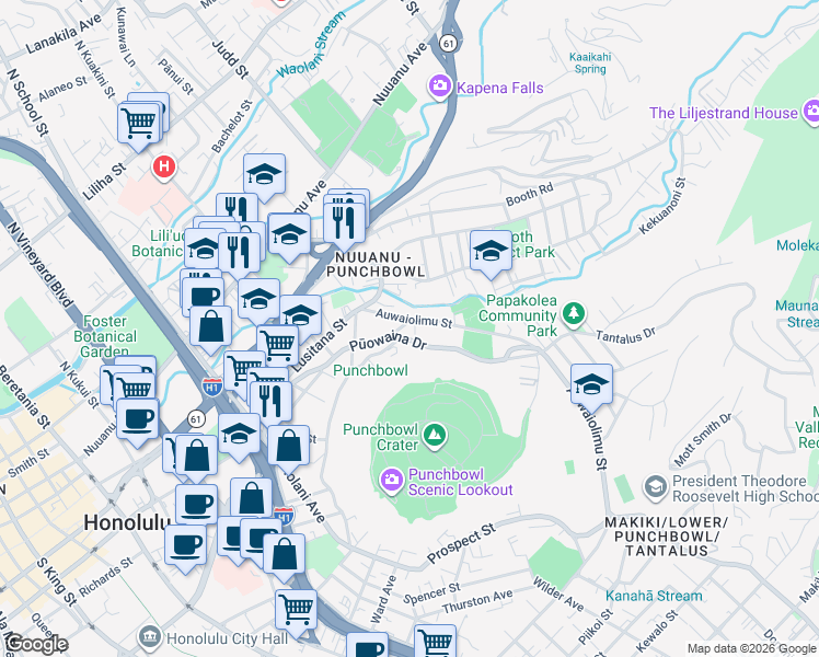 map of restaurants, bars, coffee shops, grocery stores, and more near 1936 Puowaina Drive in Honolulu