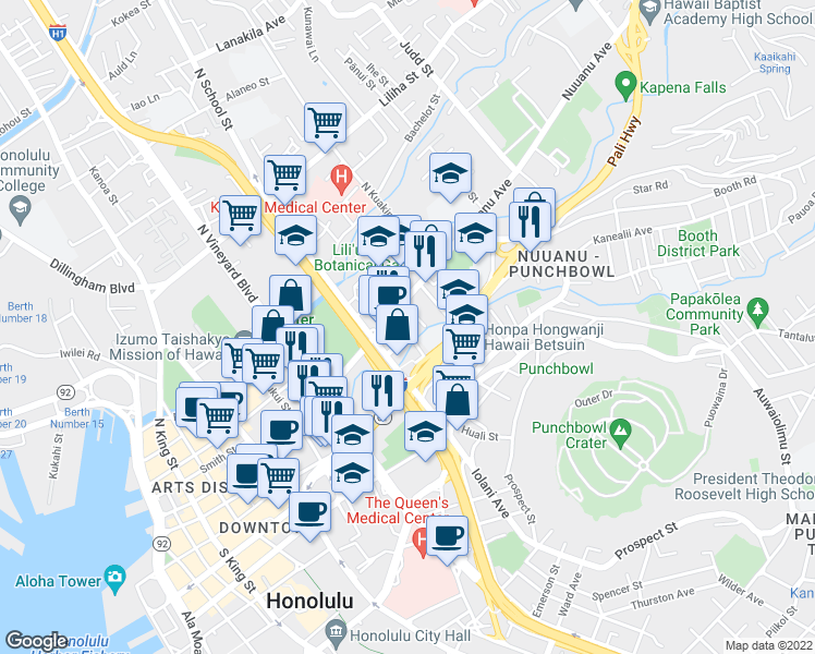 map of restaurants, bars, coffee shops, grocery stores, and more near 50 Hiʻaloa Street in Honolulu