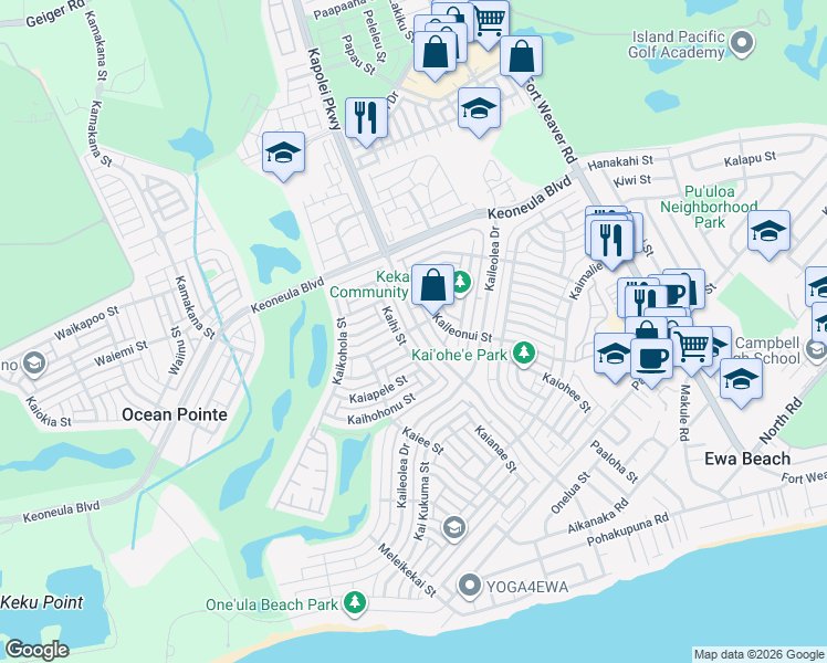 map of restaurants, bars, coffee shops, grocery stores, and more near 91-1002 Kaiamaloo Street in Ewa Beach