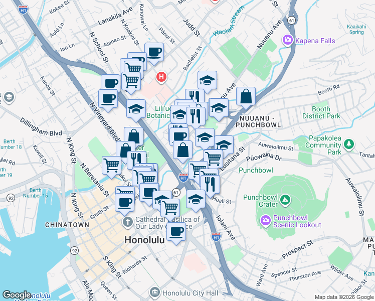 map of restaurants, bars, coffee shops, grocery stores, and more near 50 Hiʻaloa Street in Honolulu