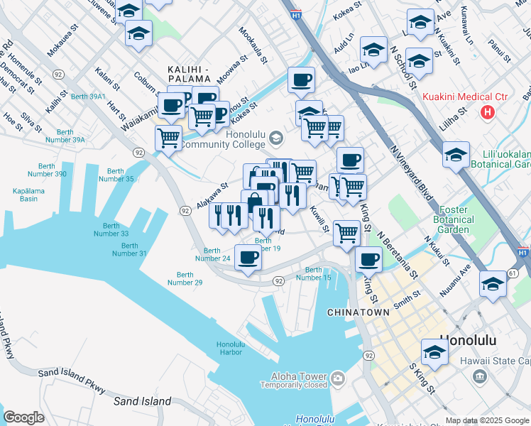 map of restaurants, bars, coffee shops, grocery stores, and more near 650 Iwilei Road in Honolulu