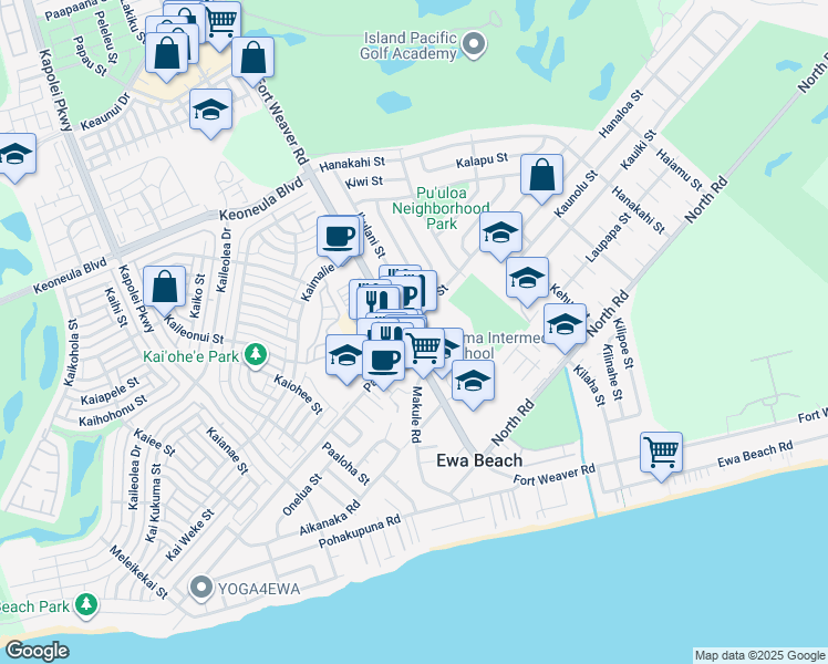 map of restaurants, bars, coffee shops, grocery stores, and more near 91-924A Makule Road in Ewa Beach