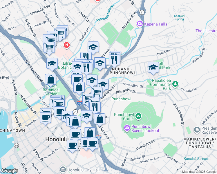map of restaurants, bars, coffee shops, grocery stores, and more near 135 South Kuakini Street in Honolulu