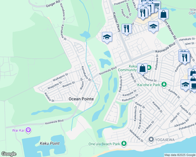 map of restaurants, bars, coffee shops, grocery stores, and more near 91-1010 Waikai Street in Ewa Beach