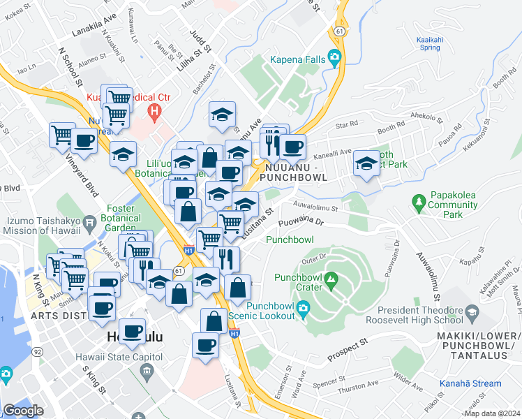 map of restaurants, bars, coffee shops, grocery stores, and more near 145 Boyd Lane in Honolulu