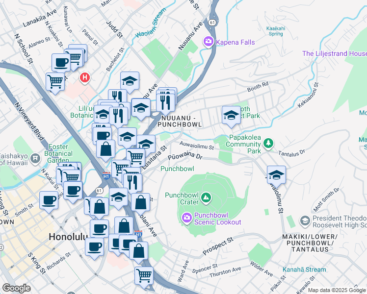 map of restaurants, bars, coffee shops, grocery stores, and more near 1867 Puowaina Drive in Honolulu