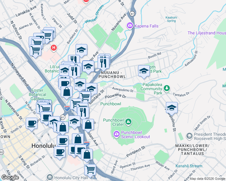 map of restaurants, bars, coffee shops, grocery stores, and more near 1867 Puowaina Drive in Honolulu