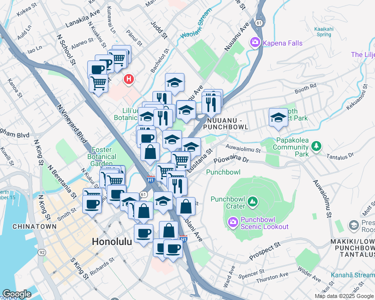 map of restaurants, bars, coffee shops, grocery stores, and more near 135 South Kuakini Street in Honolulu