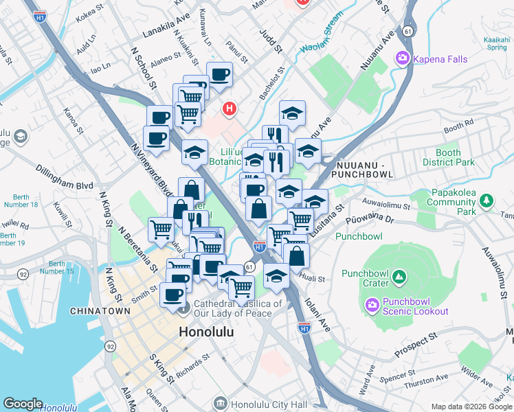 map of restaurants, bars, coffee shops, grocery stores, and more near in Honolulu