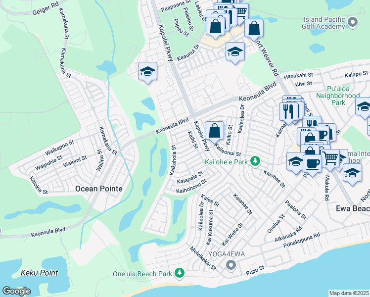 map of restaurants, bars, coffee shops, grocery stores, and more near 91-1020 Kaiakua Street in Ewa Beach