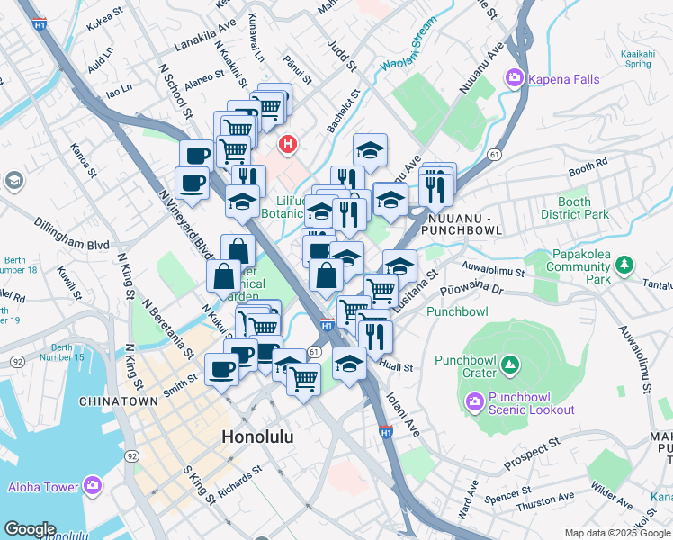 map of restaurants, bars, coffee shops, grocery stores, and more near 1719 Nuuanu Avenue in Honolulu