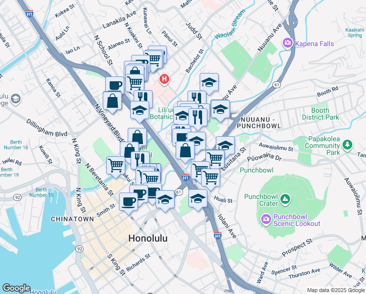 map of restaurants, bars, coffee shops, grocery stores, and more near 1635 Nuuanu Avenue in Honolulu