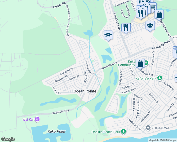 map of restaurants, bars, coffee shops, grocery stores, and more near 91-1050 Waiemi Street in Ewa Beach