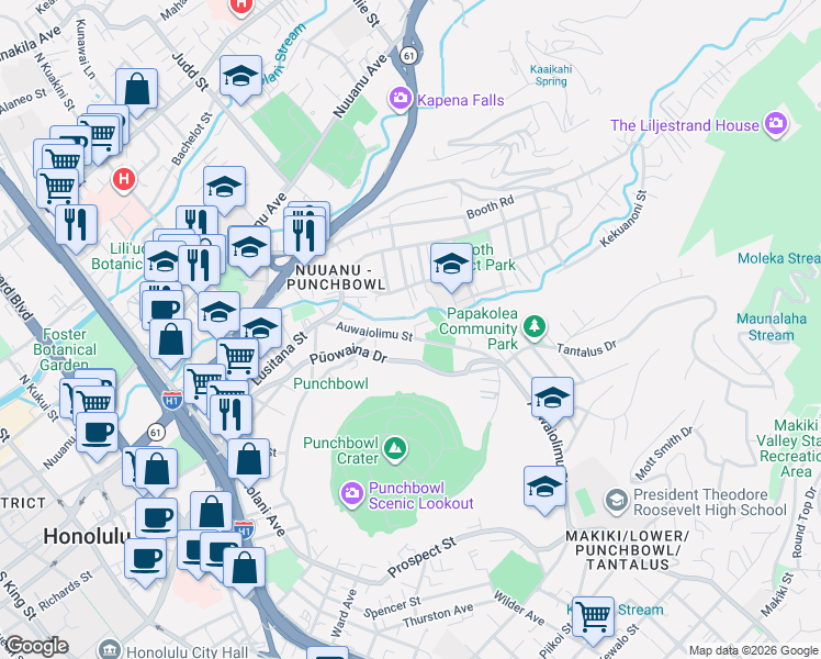 map of restaurants, bars, coffee shops, grocery stores, and more near 318 Puna Lane in Honolulu