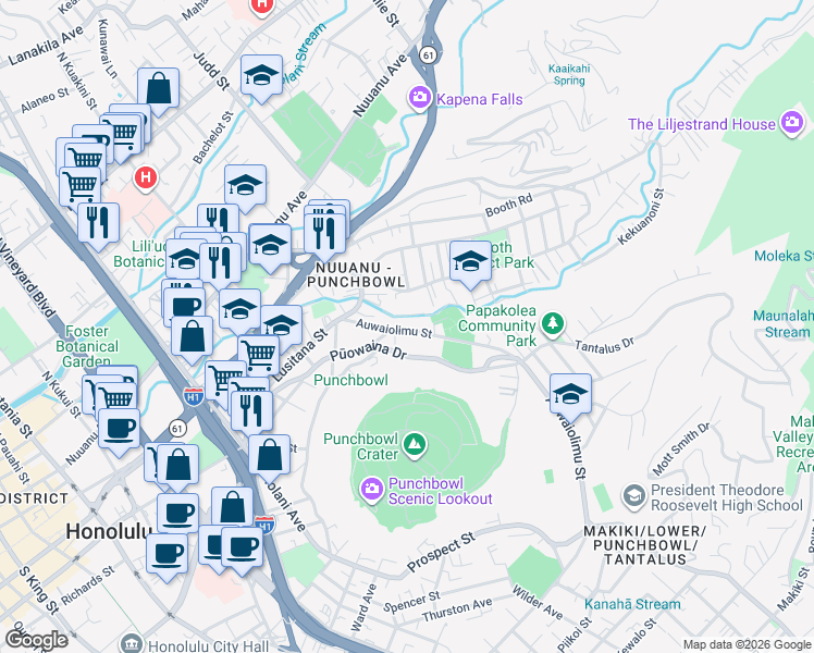 map of restaurants, bars, coffee shops, grocery stores, and more near 2155C Pauoa Road in Honolulu