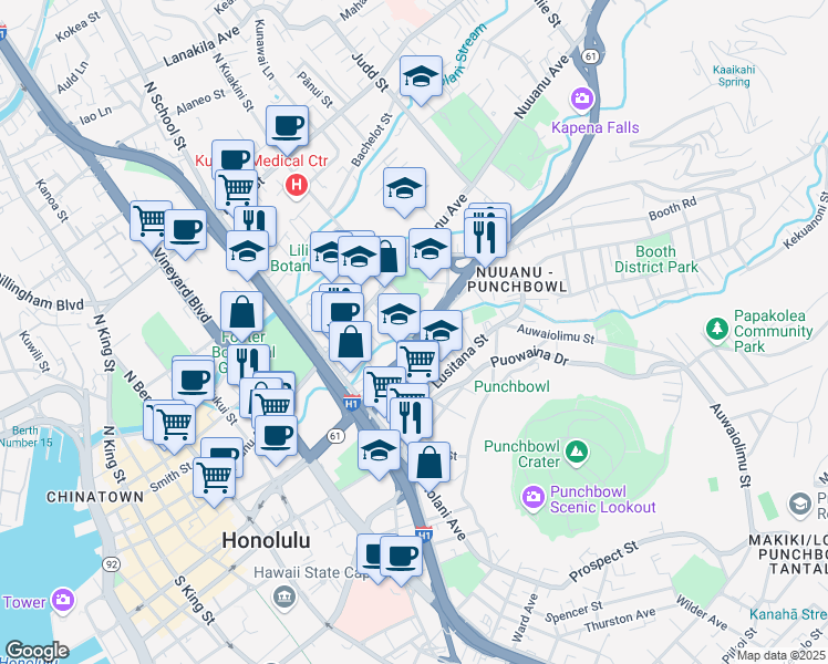 map of restaurants, bars, coffee shops, grocery stores, and more near 45 South Kuakini Street in Honolulu