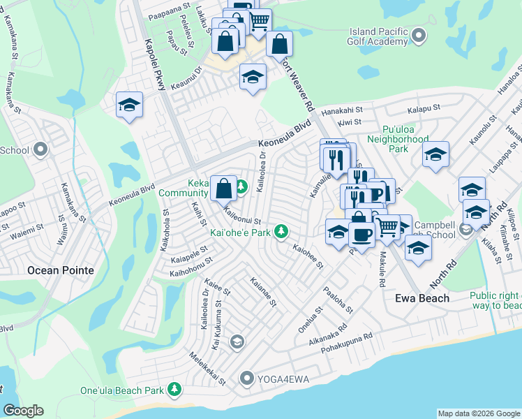 map of restaurants, bars, coffee shops, grocery stores, and more near 91-1080 Kaileolea Drive in Ewa Beach