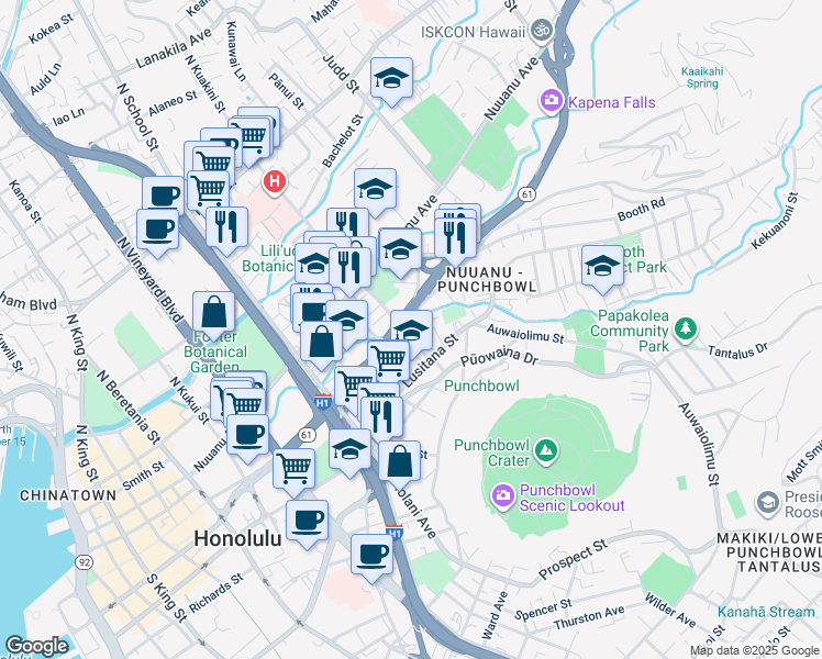 map of restaurants, bars, coffee shops, grocery stores, and more near 1825 Pacific Heights Road in Honolulu