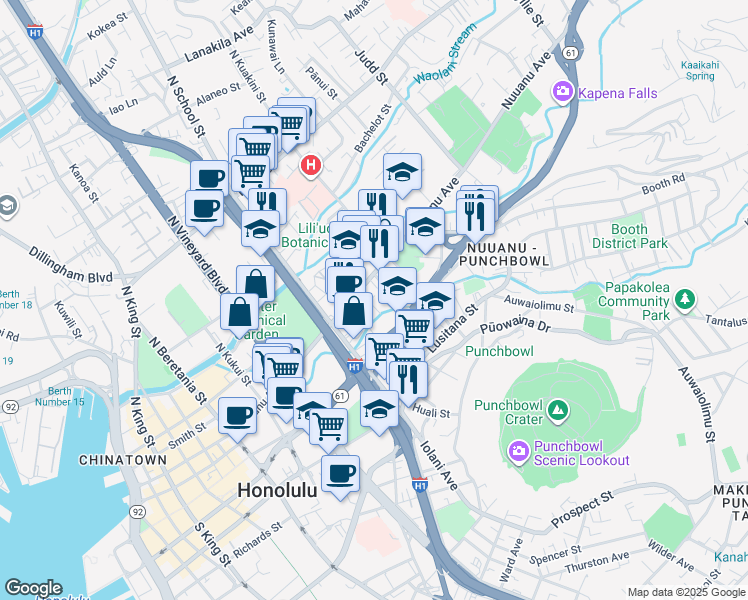 map of restaurants, bars, coffee shops, grocery stores, and more near 1719 Nuuanu Avenue in Honolulu