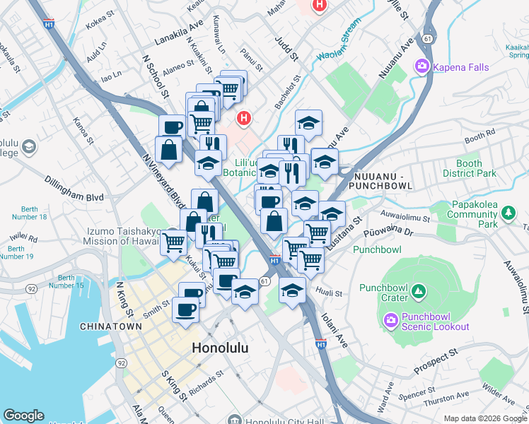 map of restaurants, bars, coffee shops, grocery stores, and more near 23 Kaena Lane in Honolulu
