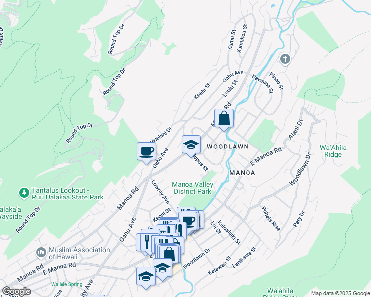 map of restaurants, bars, coffee shops, grocery stores, and more near 3173 Papala Street in Honolulu