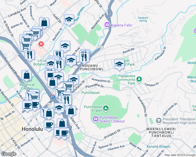 map of restaurants, bars, coffee shops, grocery stores, and more near 1923 Lusitana Street in Honolulu