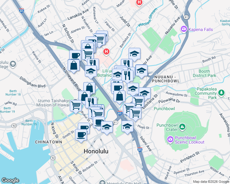 map of restaurants, bars, coffee shops, grocery stores, and more near in Honolulu