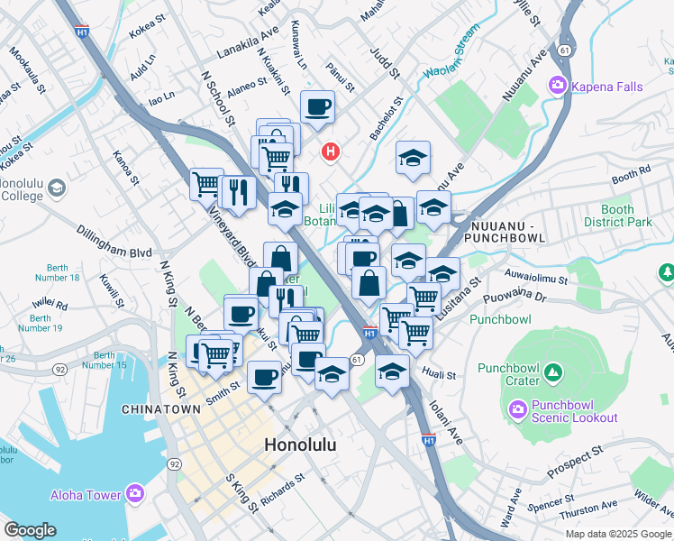 map of restaurants, bars, coffee shops, grocery stores, and more near 116 North School Street in Honolulu