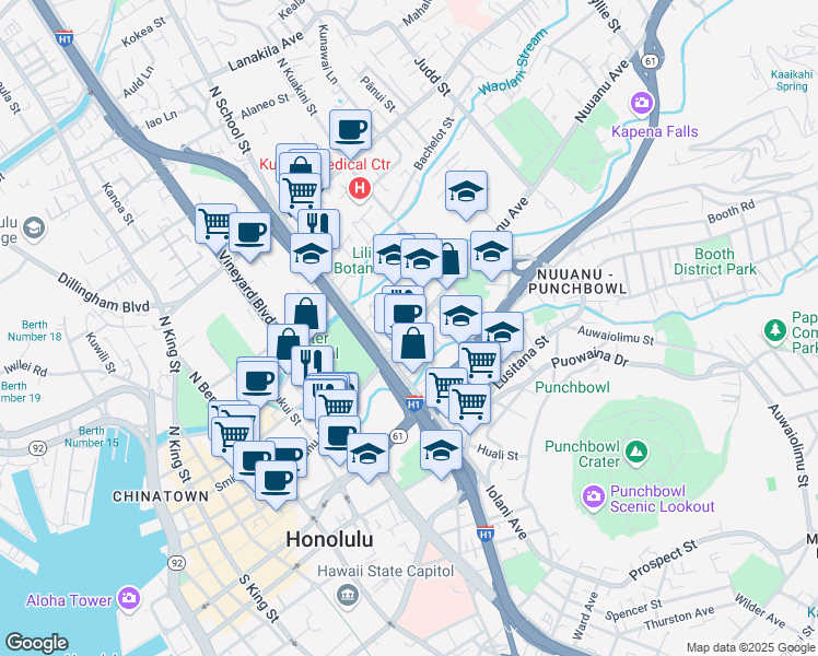 map of restaurants, bars, coffee shops, grocery stores, and more near 1634 Nuuanu Avenue in Honolulu