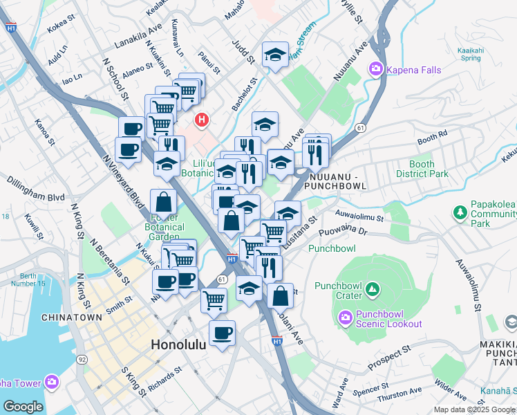 map of restaurants, bars, coffee shops, grocery stores, and more near 45 South Kuakini Street in Honolulu