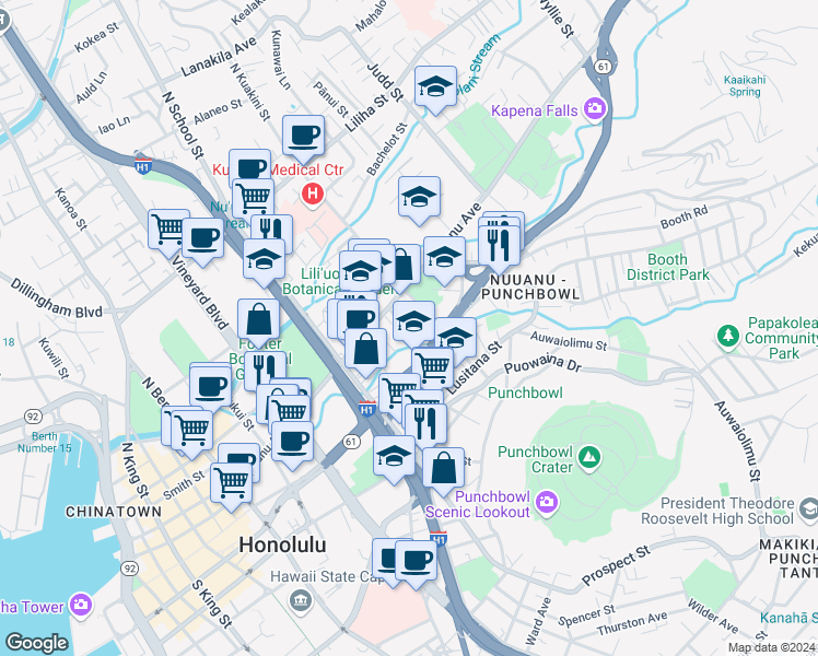 map of restaurants, bars, coffee shops, grocery stores, and more near 45 South Kuakini Street in Honolulu