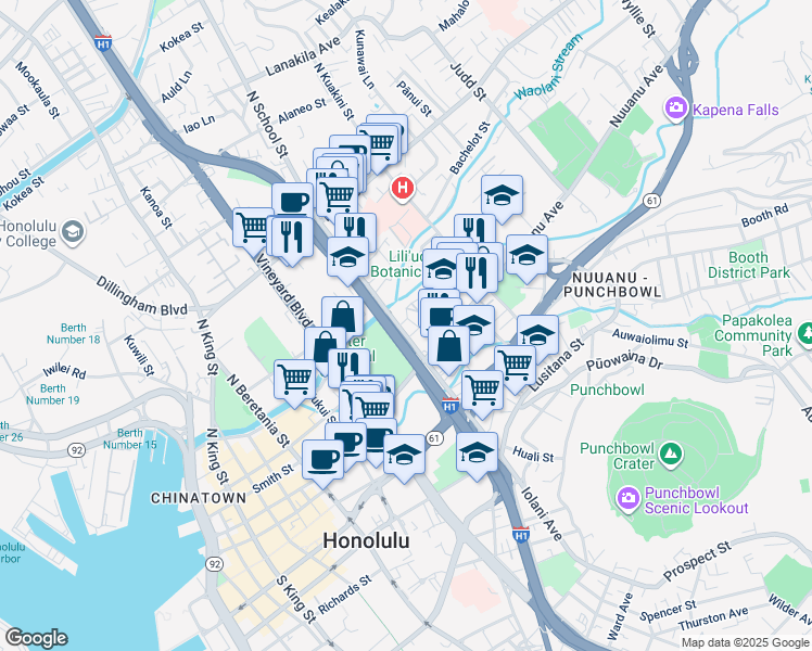 map of restaurants, bars, coffee shops, grocery stores, and more near 116 North School Street in Honolulu