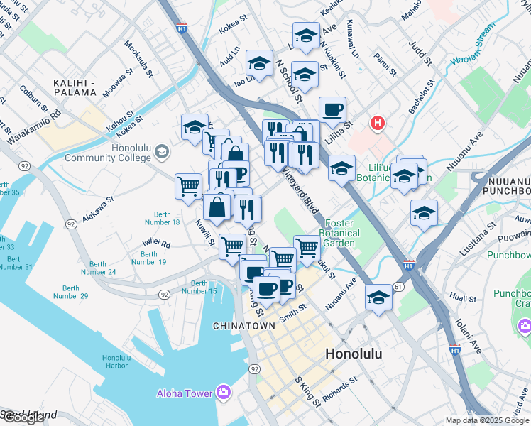 map of restaurants, bars, coffee shops, grocery stores, and more near 1205 Liliha Street in Honolulu